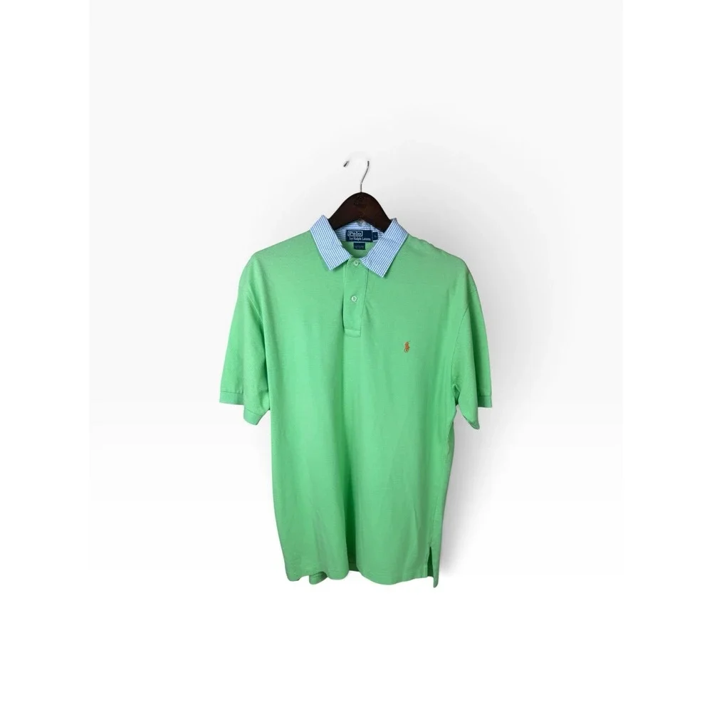 Y2K Ralph Lauren Shirt Mens L Neon Green Cotton Polo Seersucker Collar